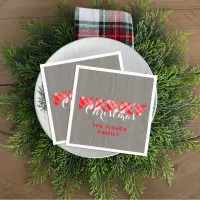 Merry Christmas Red Festive Plaid Script On Wood Napkins