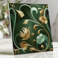 Elegant Art Nouveau Floral Emerald and Gold Ceramic Tile