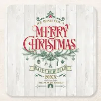 Rustic Christmas Typography Red/Green ID550 Square Paper Coaster