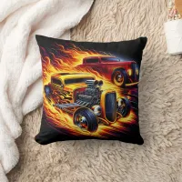 Hot rods racing through a fiery night landscape throw pillow