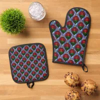 Christmas Ornament Red Green Blue Stained Glass  Oven Mitt & Pot Holder Set