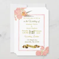 Pink and Gold Flowers and Bird Wedding Invitations