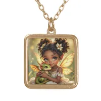 Cute Anime Fairy Girl and Chibi Dragon Gold Plated Necklace