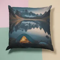 Tent, Mountains and Lake Camping Themed Art Throw Pillow