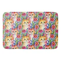 Whimsical Watercolor Flowers and Cats Colorful Bath Mat