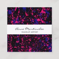 Purple and Pink Paint Splatter on Black Square Business Card