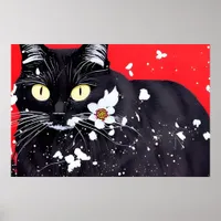 Black Cat With White Flowers Red Background Poster