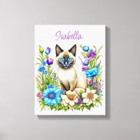 Ai Watercolor Siamese Cat in Flowers Personalized Canvas Print