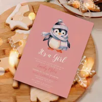 Pink Winter Penguin Baby Shower Invitation