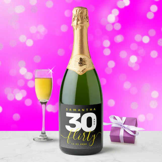 Modern Girly Bright Yellow 30 and Flirty Sparkling Wine Label