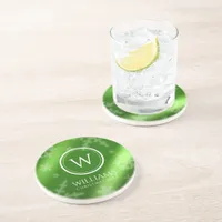 Festive Green Foil Snowflakes Monogram Name Coaster