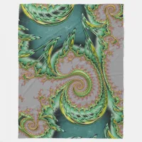 Fractal art deco style green gold gray fleece blanket