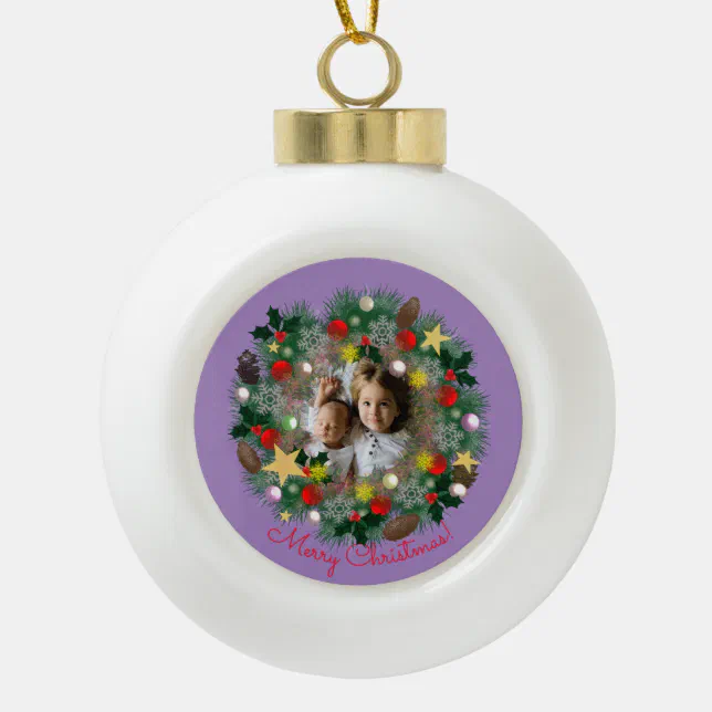 Christmas and New Year greetings, photo in a wreat Ceramic Ball Christmas Ornament