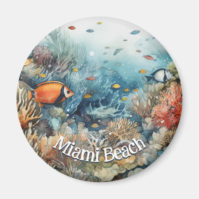 Miami Beach coral reef and fishes watercolor Magnet