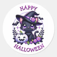 Happy Halloween Black Cat and Pumpkin Classic Round Sticker