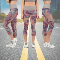 Khaki and Colorful Swirling Watercolor Capri Leggings