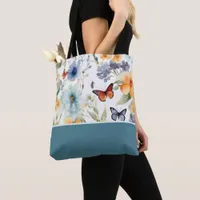 Watercolor Flowers and Butterflies, Color Block Tote Bag