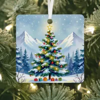 Watercolor Christmas Tree in the Mountains  Photo Metal Ornament