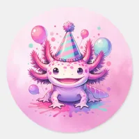 Happy Birthday Pink and Purple Axolotl  Classic Round Sticker