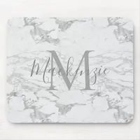 Chic Silver Foil Marble Monogram Mouse Pad