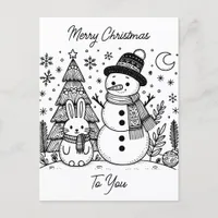 Merry Christmas Color Me | Snowman and Bunny Postcard