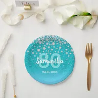 80th birthday teal blue green glitter name paper plates