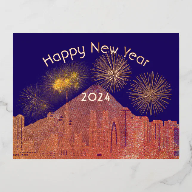 Fireworks in a beautiful city - happy new year  foil holiday postcard