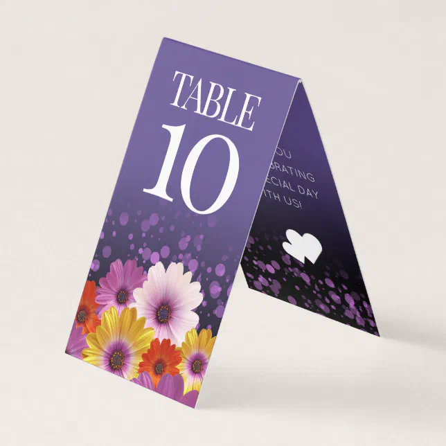 Chic Daisies Purple Glitter Wedding Table Cards