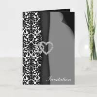 Black and White Damask FAUX ribbon diamante design Invitation