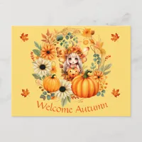 Cute Pumpkin Fairy in Autumn Wreath Postcard