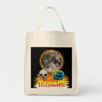 Full Moon, Skull and Blue Pumpkin at Night. Tote Bag