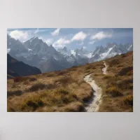 A winding path in the foothills below a mountain poster