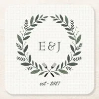 Rustic Monogram I Do BBQ Wedding Shower Square Paper Coaster