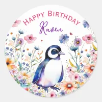 Penguin in Flowers Girl's Birthday Personalized Classic Round Sticker