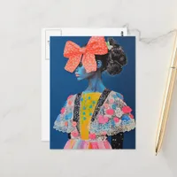 A Colorful lady with a big bow on Blue Postcard