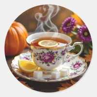 Tea in a Vintage Teacup, Mums, Pumpkin Autumn Classic Round Sticker