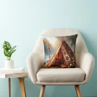 Tranquil native Indian teepee by a serene river Throw Pillow