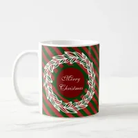 Stylized White Wreath on Red and Green Stripes Coffee Mug