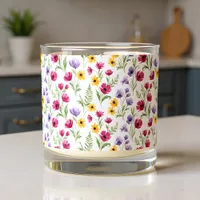 Pretty Yellow, Purple, Pink Floral Watercolor Scented Candle