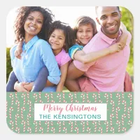 Mint Pink Christmas Candy Cane Holiday Photo Square Sticker