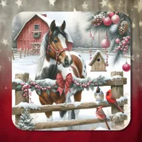 Pretty Brown and White Horse Rustic Farm Christmas Square Sticker