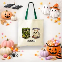 Cute Green Kawaii Franken-Kitten Trick or Treat Tote Bag