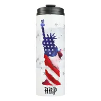 *~* USA Flag Silver Stars Clouds Statue of Liberty Thermal Tumbler