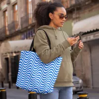 Blue White Wavy Stripes Psychedelic Hypnotic Tote Bag