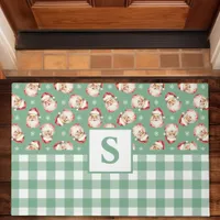 Vintage Santa Green Gingham Monogrammed Christmas Doormat