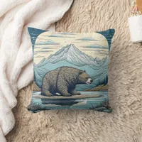 Bear, Mountains, Lake, Full Moon Ai Art Throw Pillow