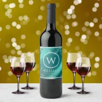 Festive Light Blue Foil Snowflakes Monogram Name Wine Label