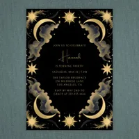 Celestial Moon Black Gold Tarot Witch Birthday Invitation