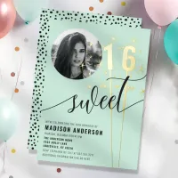 Mint Green Sparkler Sweet 16 Birthday Photo Foil Invitation