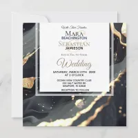 *~* AR66 RSVP Black Gold Agate QR Wedding Invitation